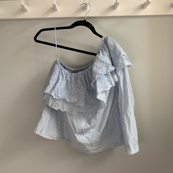 Zara Tops - (2/$10) One Shoulder Blue Striped Ruffle Top from Zara